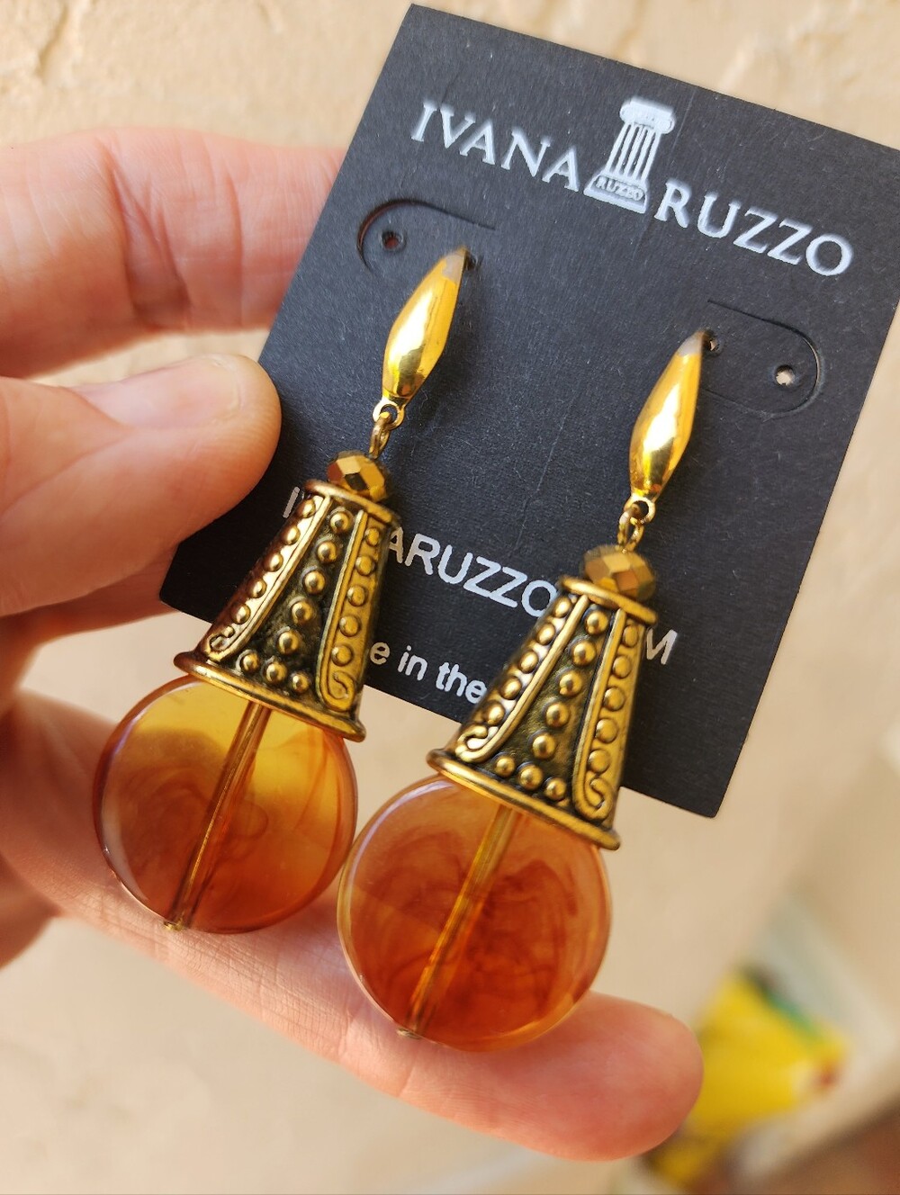 ❤️ Dangling Gold Earrings Resin Amber Honey Color Beads Hypoallergenic Hooks - Picture 3 of 11